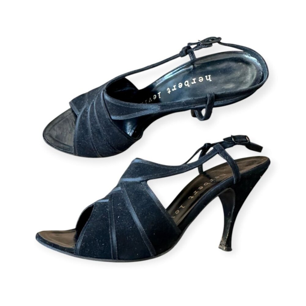 Vintage Herbert Levine Black Suede Slingback Sandals 1950s 1960s